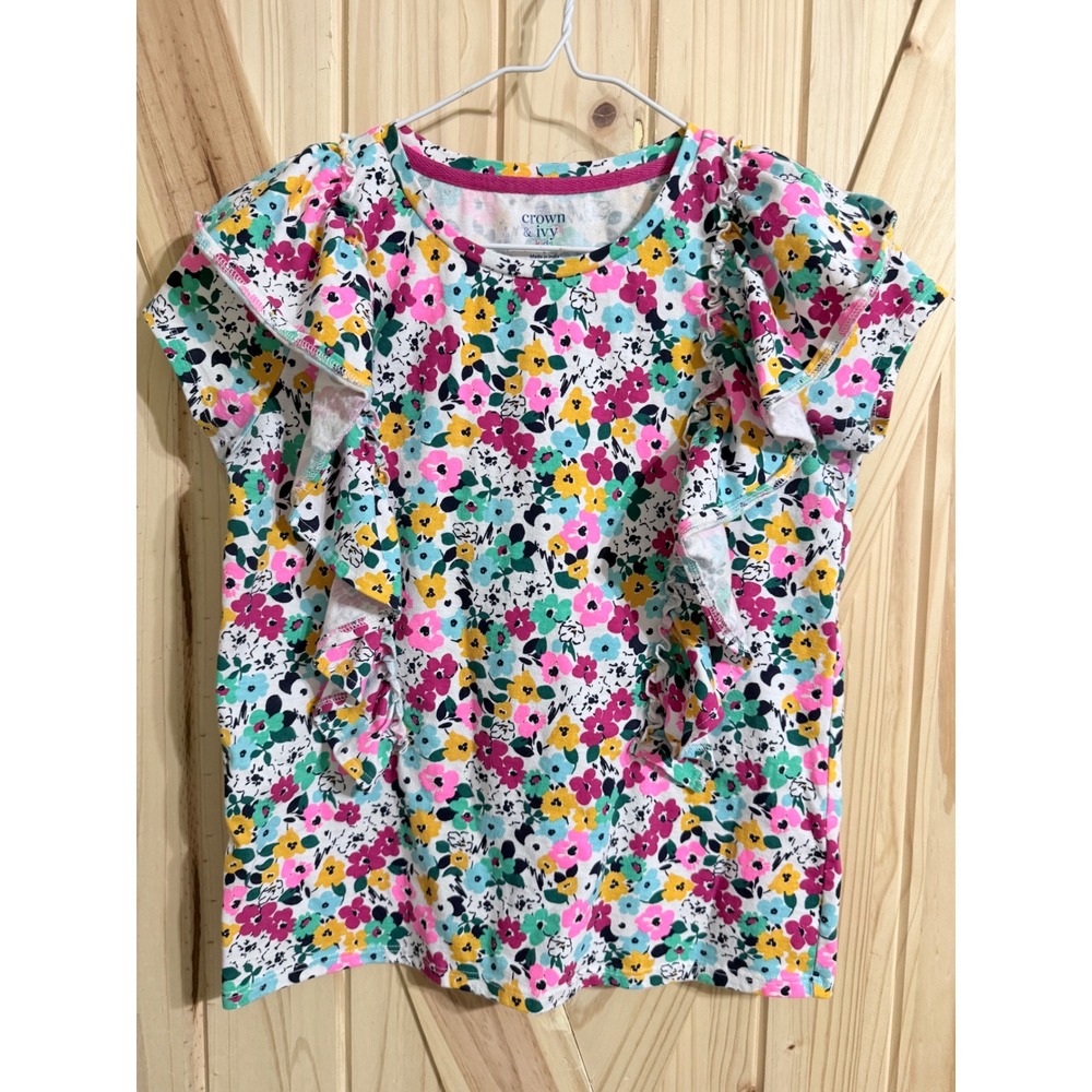 Crown & Ivy Kids Girls Floral Flutter Sleeve Ruffle Top Multi-Color Size Large